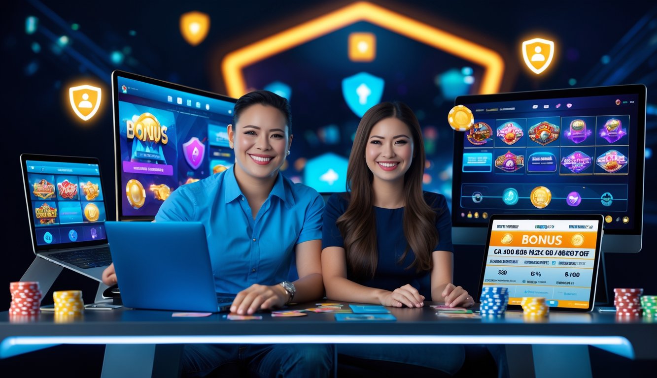 Dua orang dewasa tersenyum menggunakan perangkat digital dengan tampilan permainan kasino online dan simbol keamanan di latar belakang.