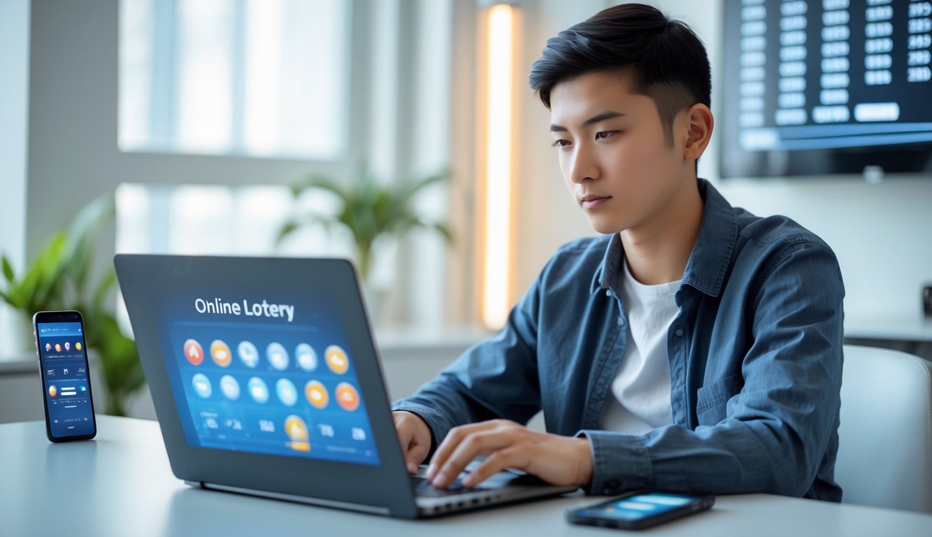 Seorang dewasa muda duduk di meja dengan laptop, fokus bermain permainan togel online di ruangan yang terang dan rapi.