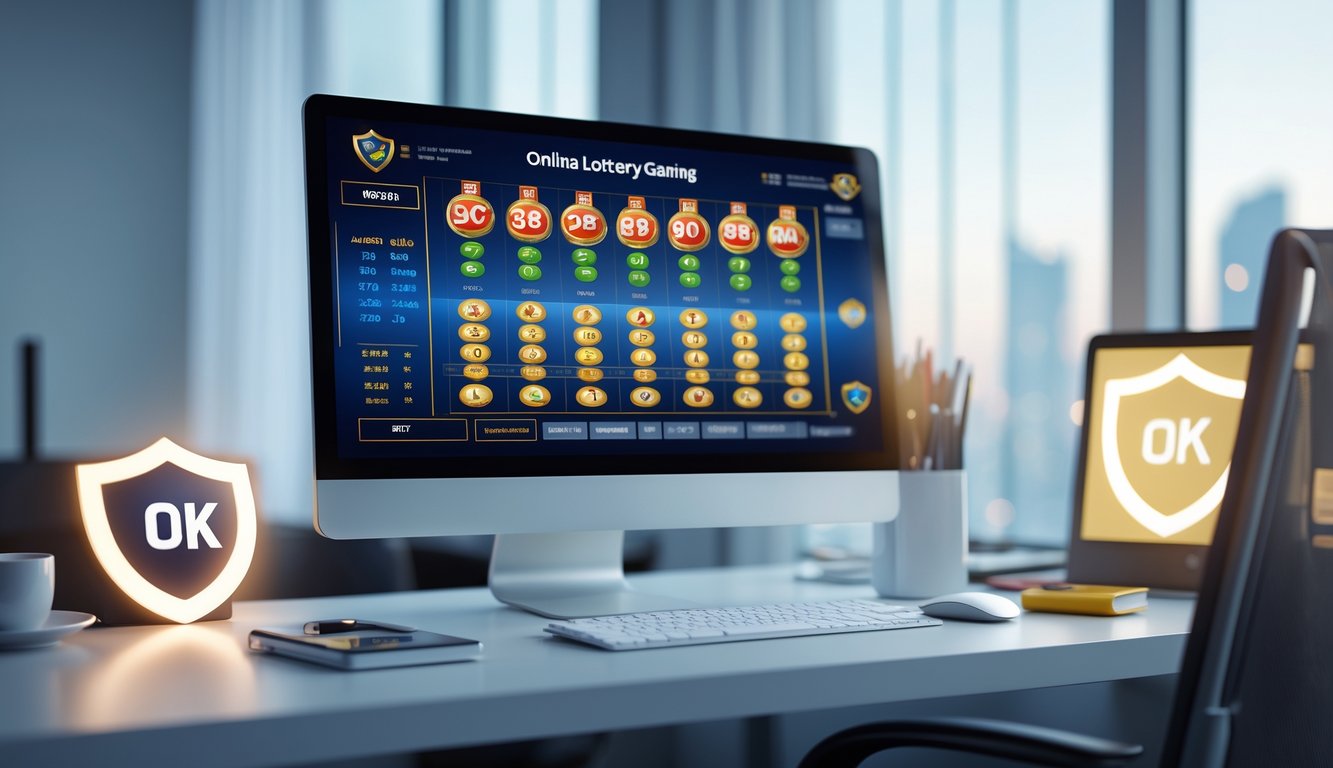 Sebuah meja kerja modern dengan komputer yang menampilkan permainan lotere online 2D, dengan suasana terang dan rapi.