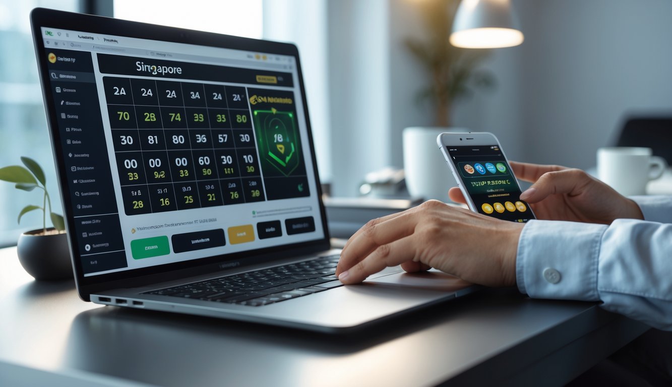 Meja kerja modern dengan laptop yang menampilkan antarmuka permainan togel online 2D dan tangan seseorang yang sedang menggunakan laptop.