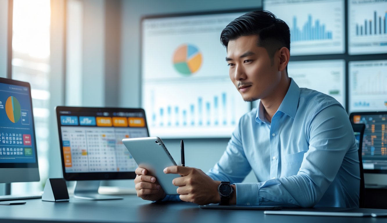 Seorang pria Asia Tenggara duduk di meja modern dengan perangkat digital yang menampilkan grafik dan angka, sedang menganalisis data dengan serius di lingkungan kantor yang rapi.