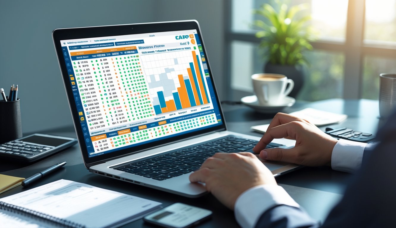 Seorang pria duduk di meja kerja dengan laptop, catatan, dan ponsel yang menampilkan data terkait strategi togel online.