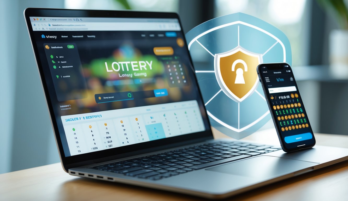 Sebuah meja kerja modern dengan laptop dan ponsel yang menampilkan antarmuka permainan togel online, dengan simbol keamanan di latar belakang.