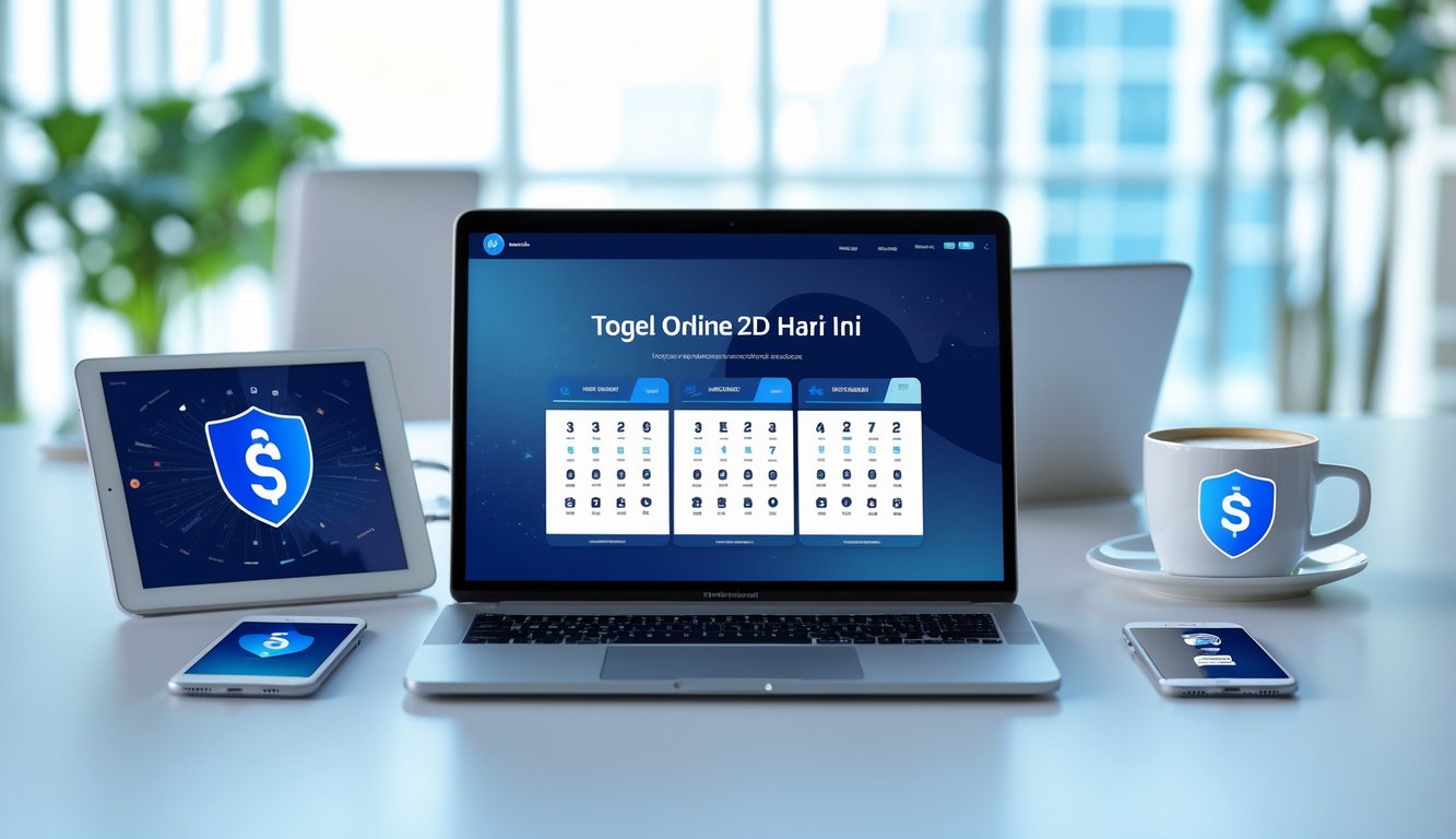 Seorang profesional sedang menggunakan laptop di meja kerja dengan perangkat digital di sekitarnya, menunjukkan konsep permainan togel online yang terpercaya.