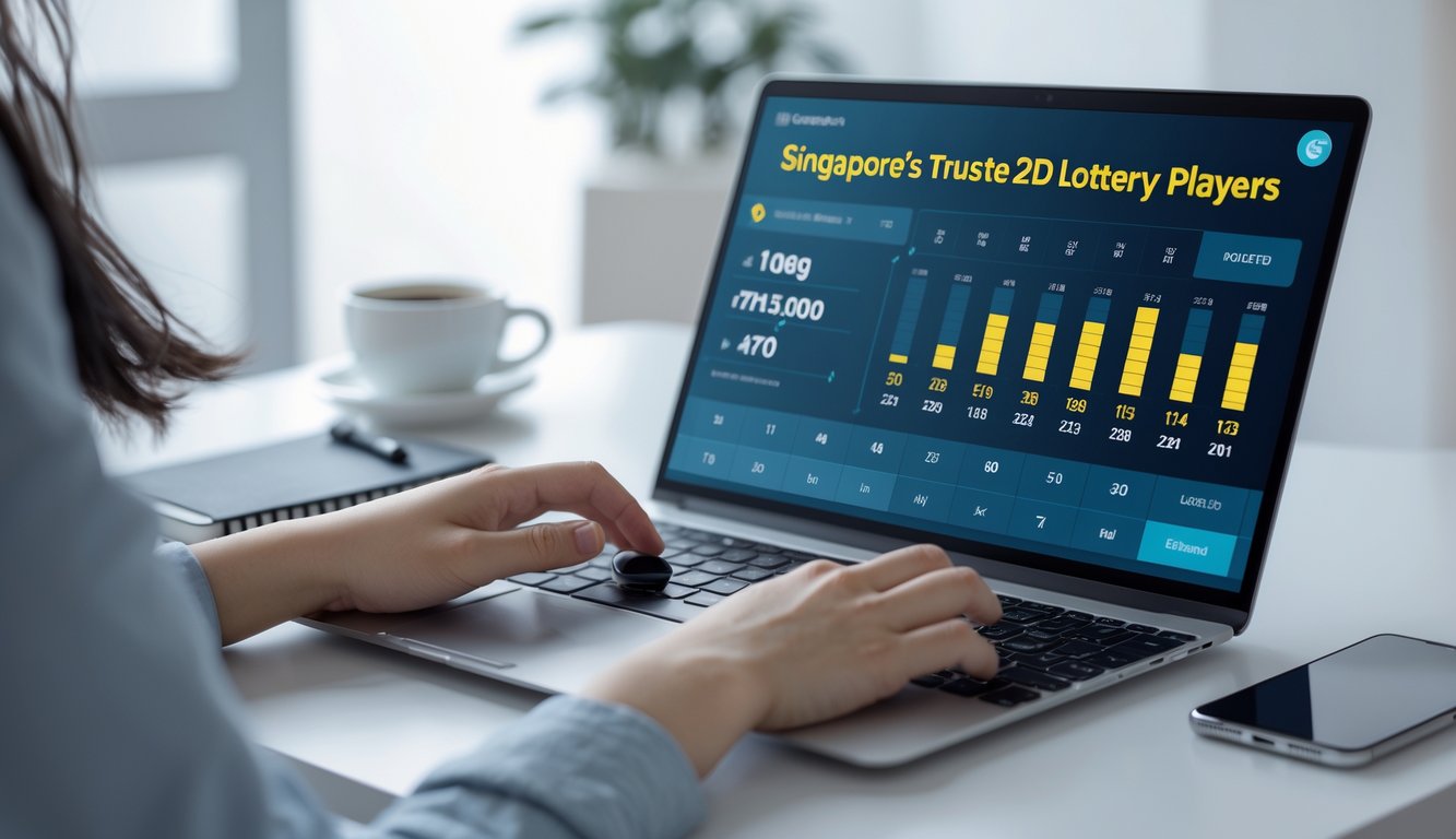 Seseorang menggunakan laptop di meja kerja dengan layar yang menampilkan antarmuka lotere digital, dikelilingi oleh cangkir kopi, ponsel, dan buku catatan.
