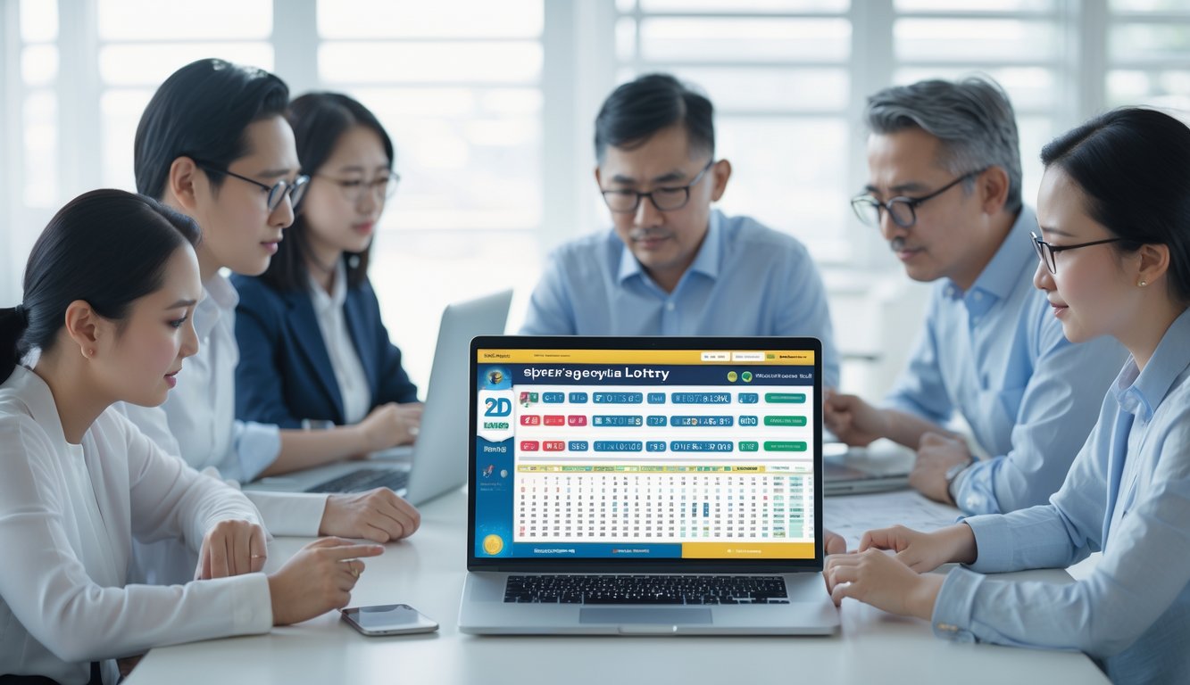 Orang-orang sedang menggunakan laptop dan berdiskusi di ruang kerja modern yang bersih dengan tampilan antarmuka permainan togel online dan grafik di layar.