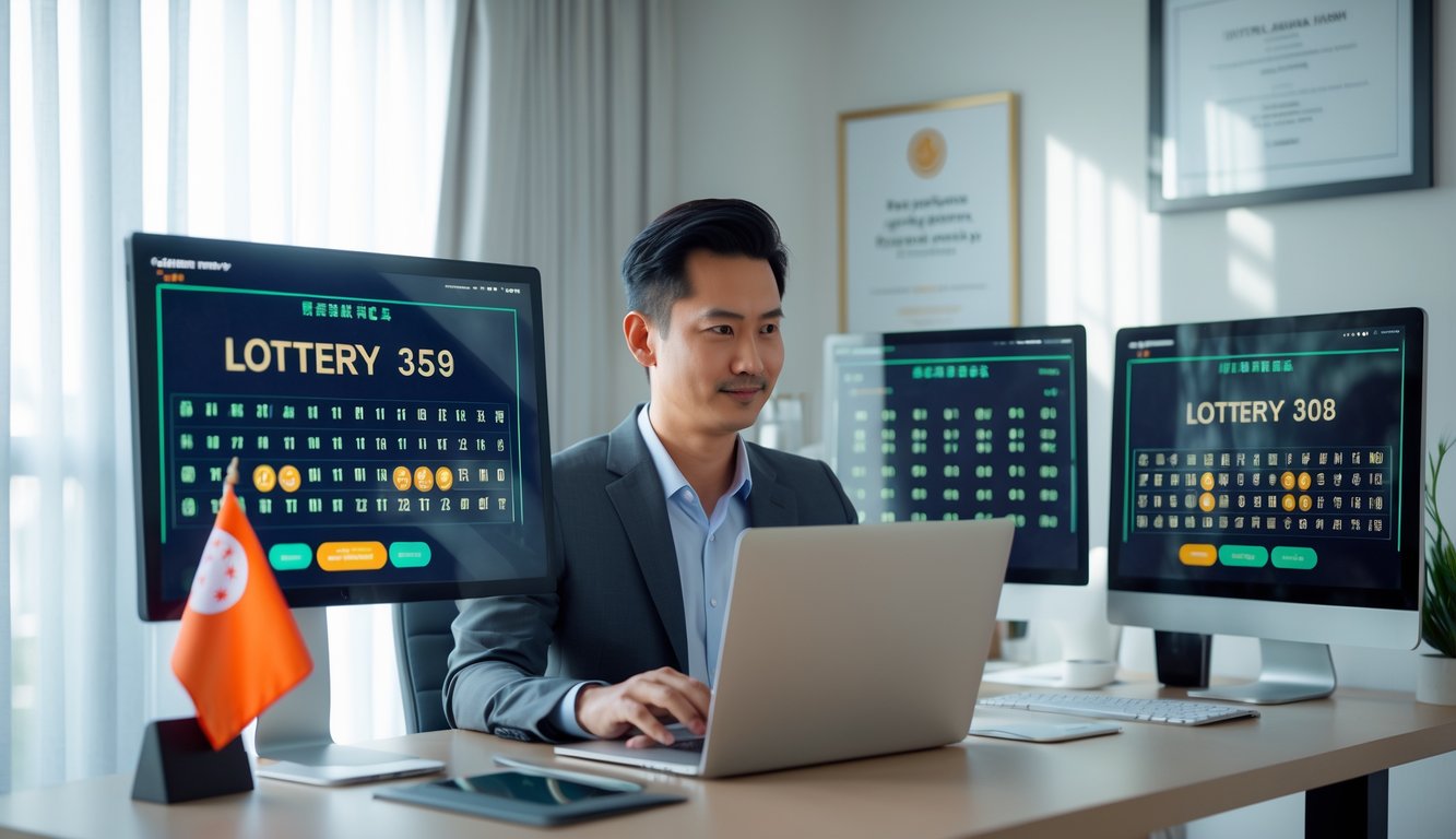Seorang pria Asia Tenggara duduk di meja kantor modern dengan beberapa layar komputer menampilkan angka lotre dan grafik, menggunakan laptop dan ponsel di ruang kerja yang terang dan rapi.