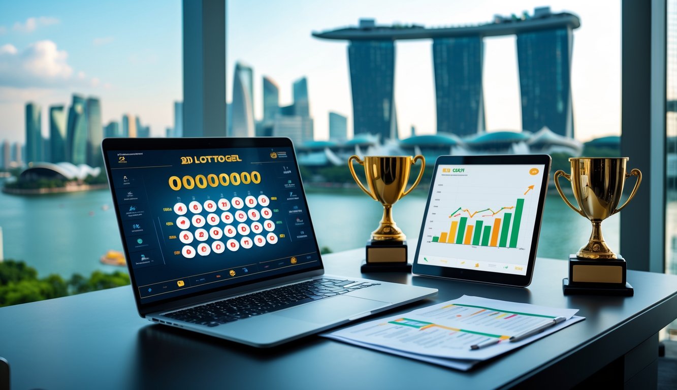 Sebuah ruang kerja modern dengan laptop menampilkan antarmuka lotere digital, latar belakang pemandangan kota Singapura dengan gedung ikonik, dan meja dengan trofi emas serta grafik naik.