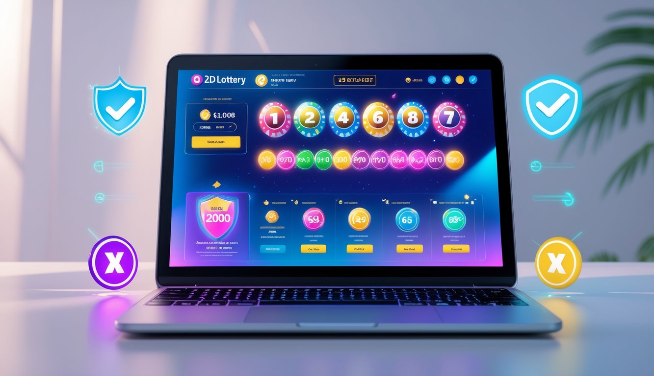 Seseorang menggunakan laptop dengan tampilan antarmuka permainan togel online yang berwarna-warni dan simbol keamanan di sekitarnya.