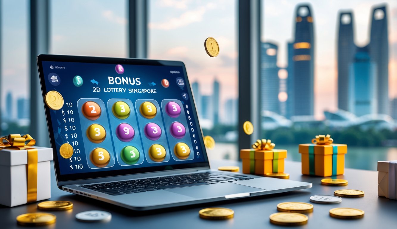 Seorang pria menggunakan laptop di meja kerja dengan latar belakang pemandangan kota Singapura, dikelilingi oleh koin emas dan hadiah sebagai simbol bonus lotre online.