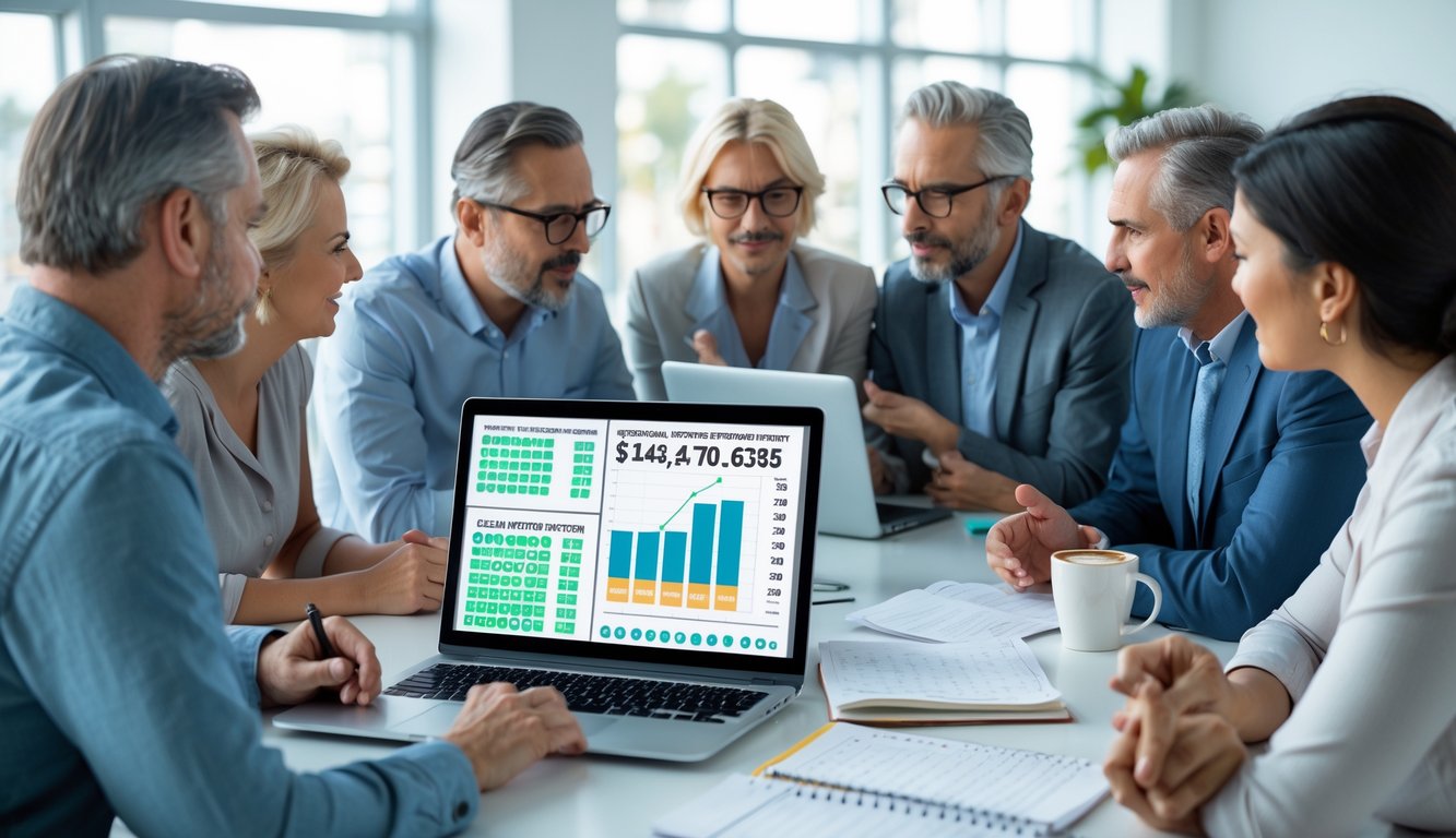 Sekelompok orang dewasa sedang berdiskusi serius di meja dengan laptop dan catatan, menganalisis angka dan strategi togel.