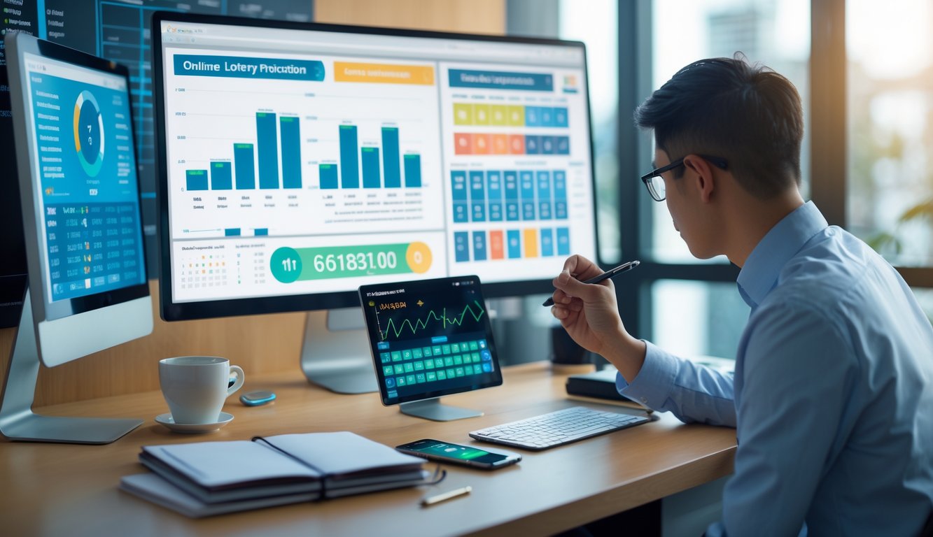 Seorang pria di meja kerja modern sedang menganalisis data hasil togel online dengan komputer dan catatan di sekitarnya.