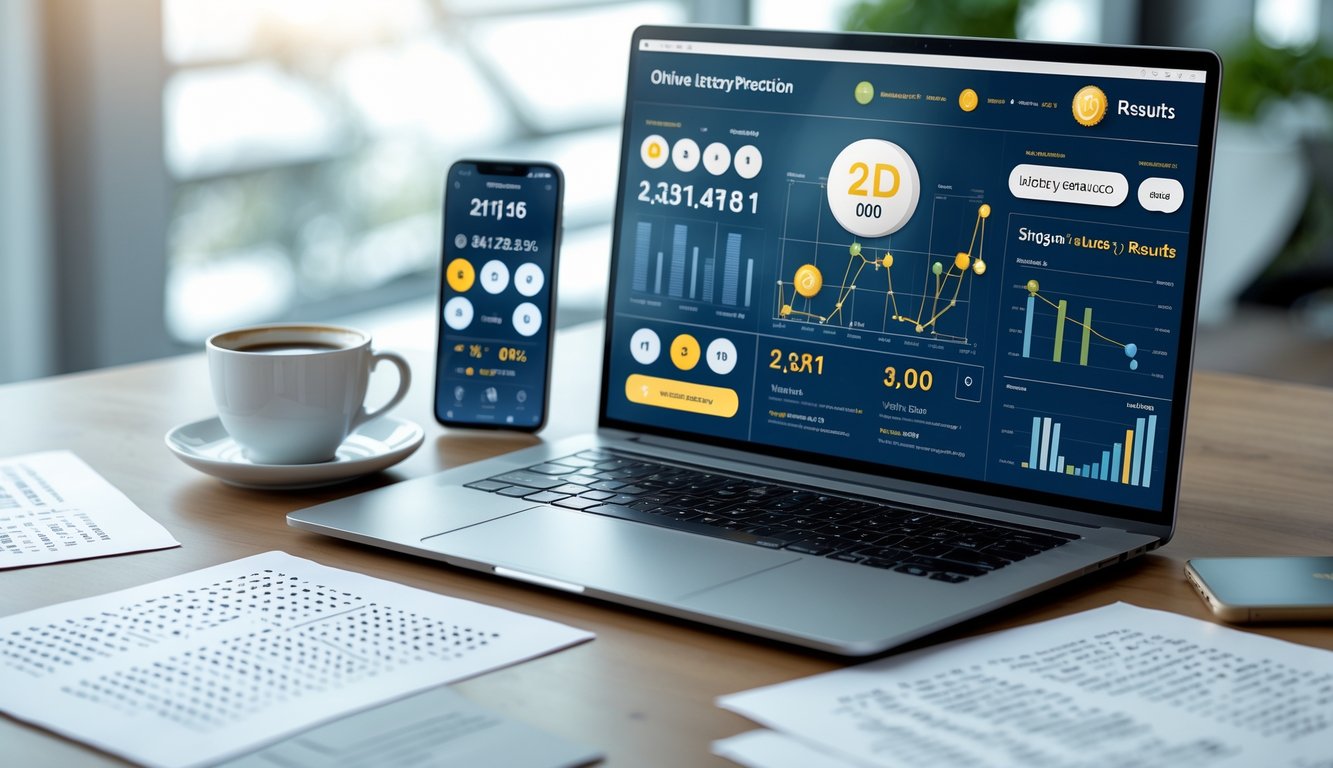 Meja kerja dengan laptop yang menampilkan data prediksi togel online 2D dan hasil togel Singapura, dengan kertas data dan ponsel di sekitarnya.