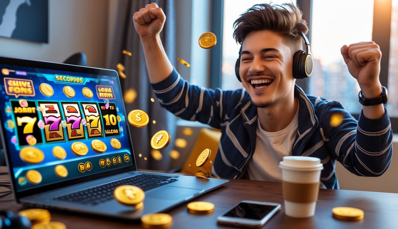 Seseorang muda yang sedang merayakan kemenangan besar saat bermain permainan slot online di laptop dan ponsel di sebuah ruangan yang nyaman.