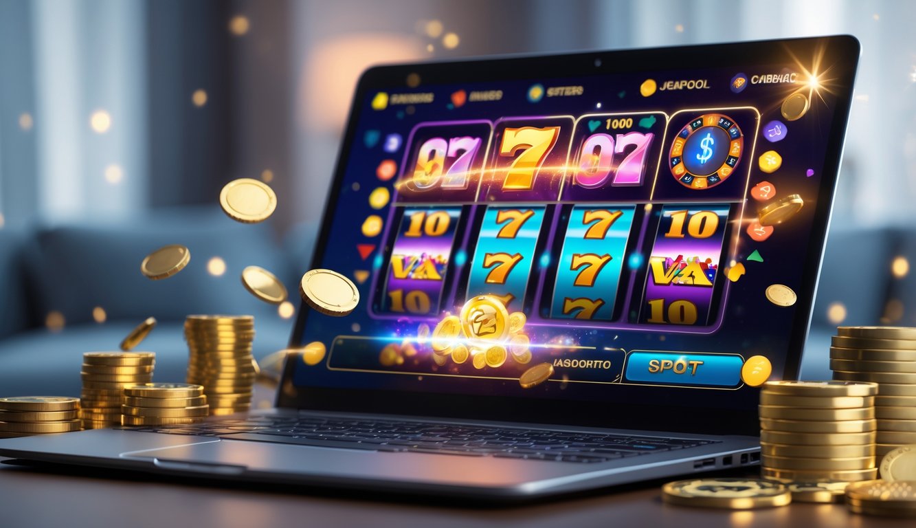 Seorang pemain menggunakan laptop dengan tampilan permainan slot online yang penuh warna, dikelilingi oleh koin emas dan chip poker, menunjukkan suasana kemenangan dalam permainan slot online.