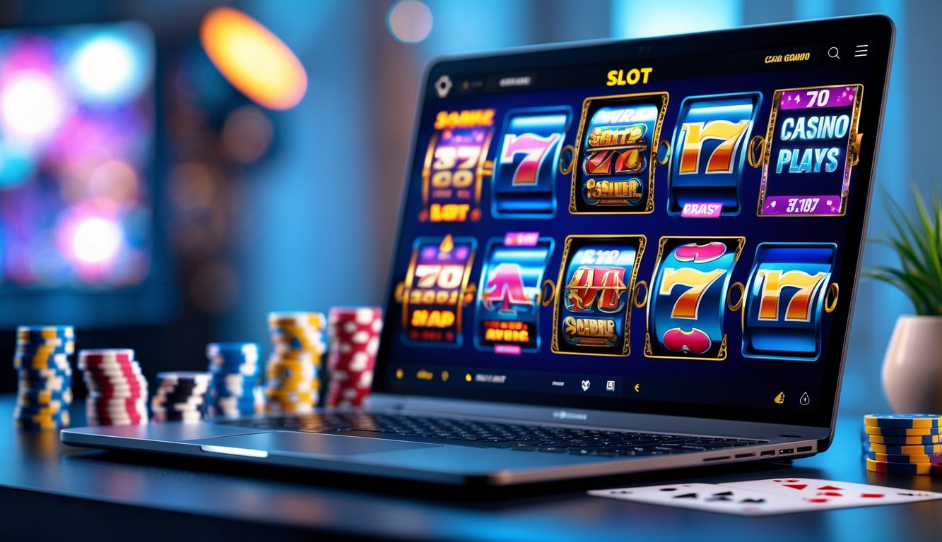 Seorang pengguna laptop dengan layar menampilkan permainan slot online berwarna-warni, dikelilingi oleh chip poker dan kartu remi di atas meja.