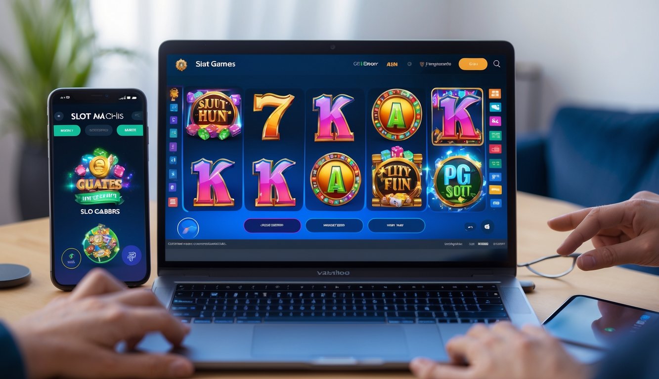 Seseorang bermain permainan slot online di komputer dan ponsel dalam ruangan dengan pencahayaan yang nyaman.