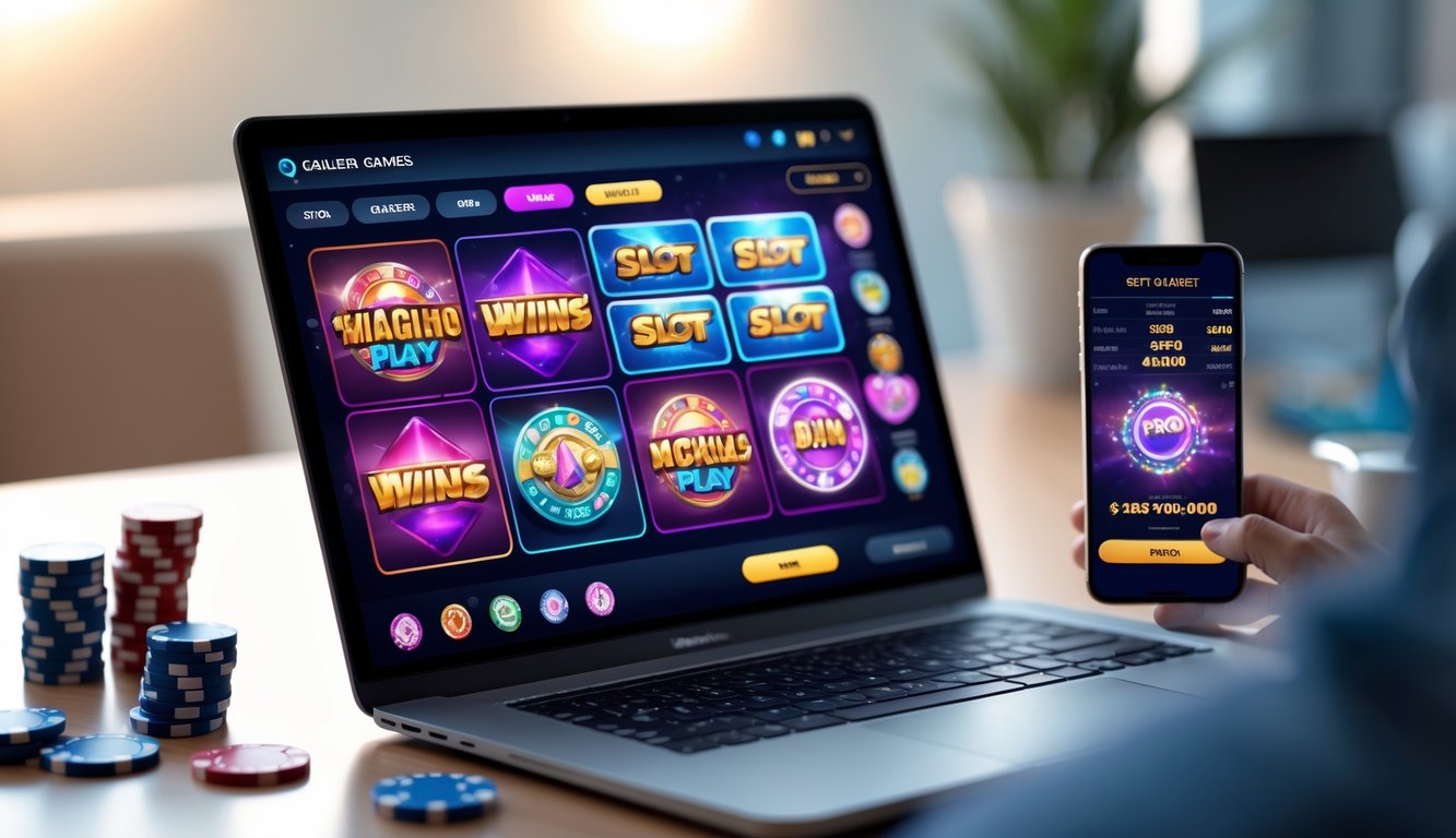 Seorang pria menggunakan laptop dan ponsel dengan permainan slot online di meja kayu, dikelilingi oleh chip poker dan dadu.