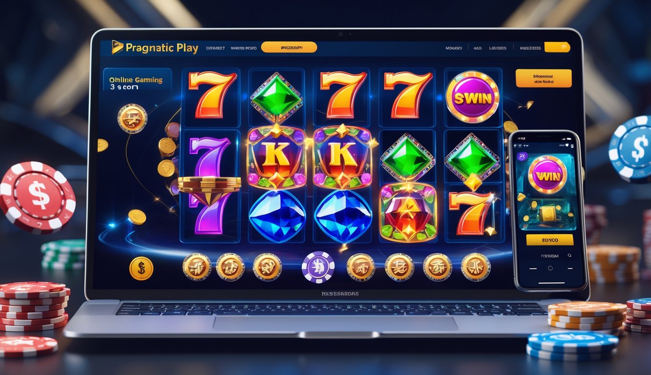 Seseorang sedang bermain permainan slot online di komputer dengan layar menampilkan gulungan slot berwarna-warni dan simbol keberuntungan.