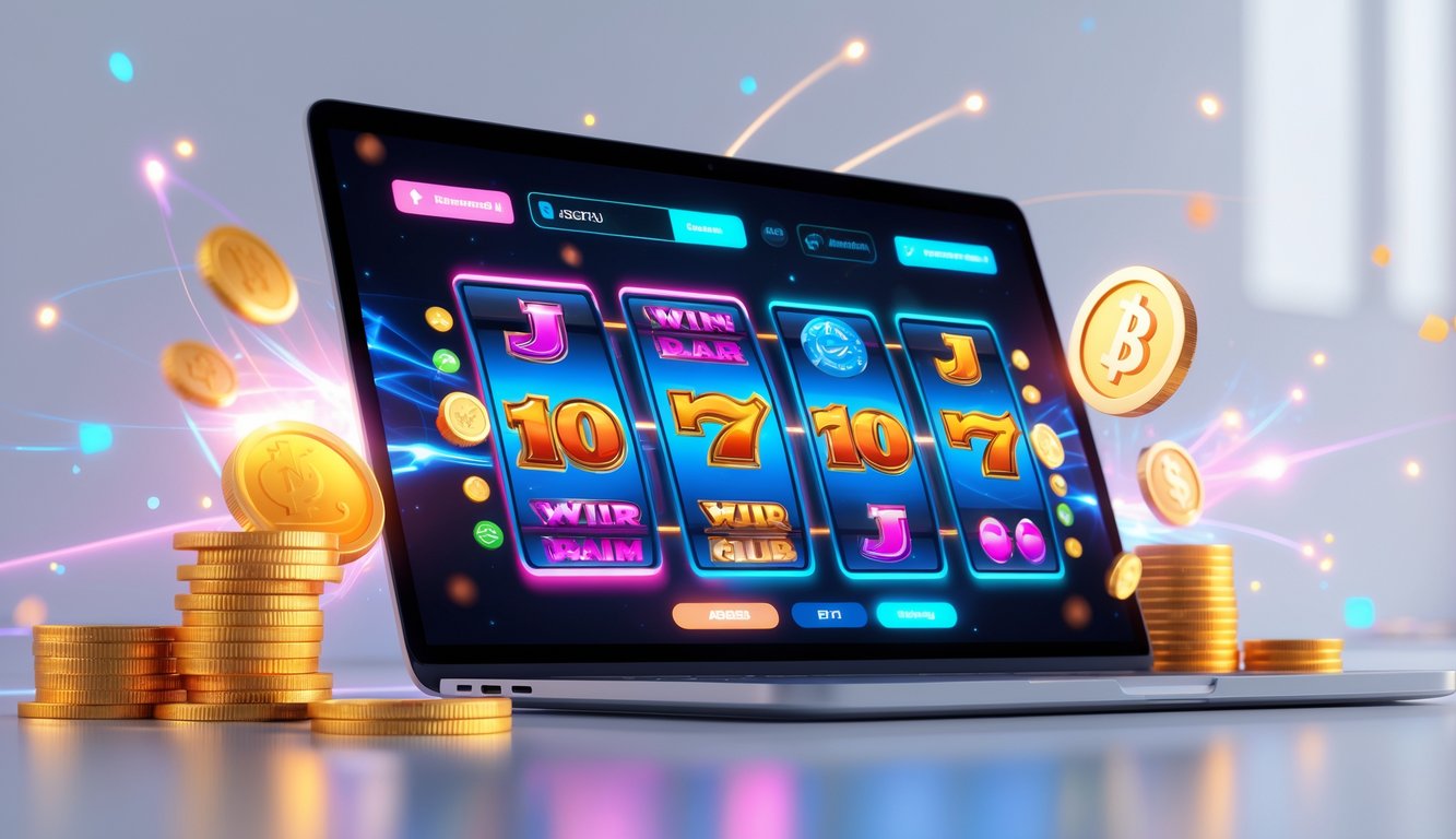 Layar komputer menampilkan permainan slot online berwarna-warni dengan simbol kemenangan, dikelilingi ikon digital dan efek cahaya yang menggambarkan keseruan dan peluang menang.