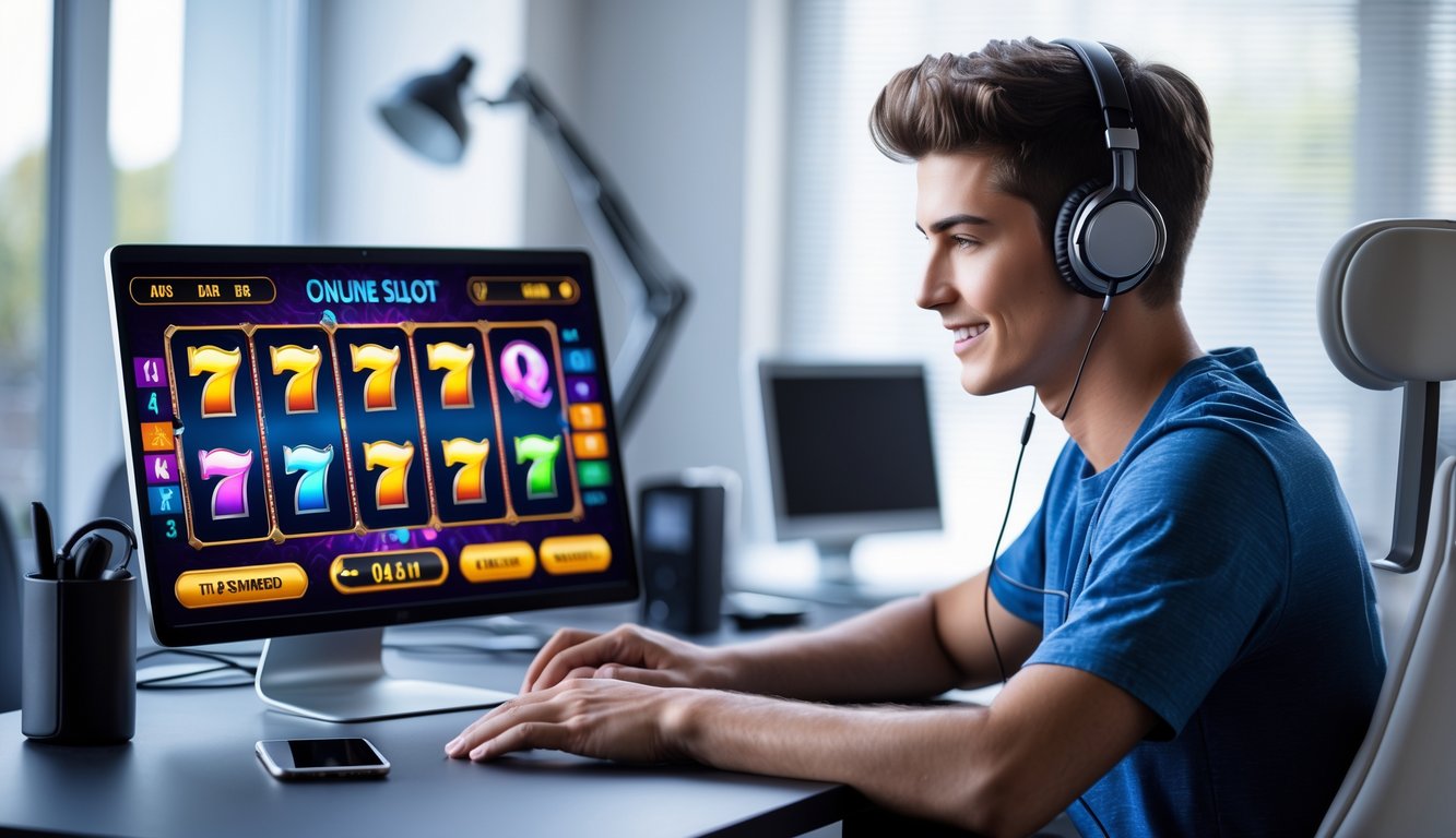 Seorang pria muda duduk di meja dengan laptop yang menampilkan permainan slot online berwarna-warni, di ruang kerja rumah yang terang dan modern.