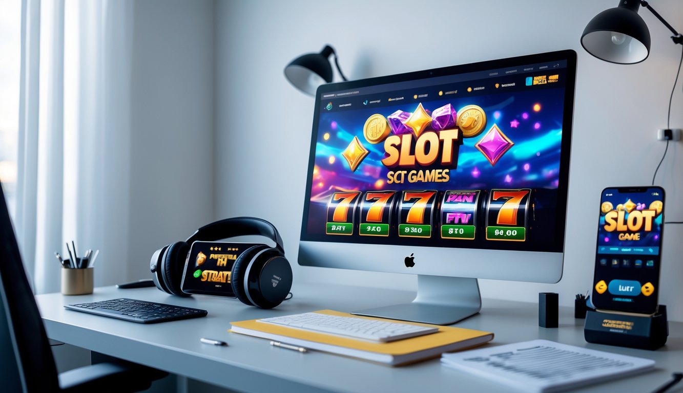 Seorang pemain duduk di depan komputer dengan layar menampilkan permainan slot online berwarna-warni, dikelilingi oleh aksesori gaming di ruang kerja yang terang.