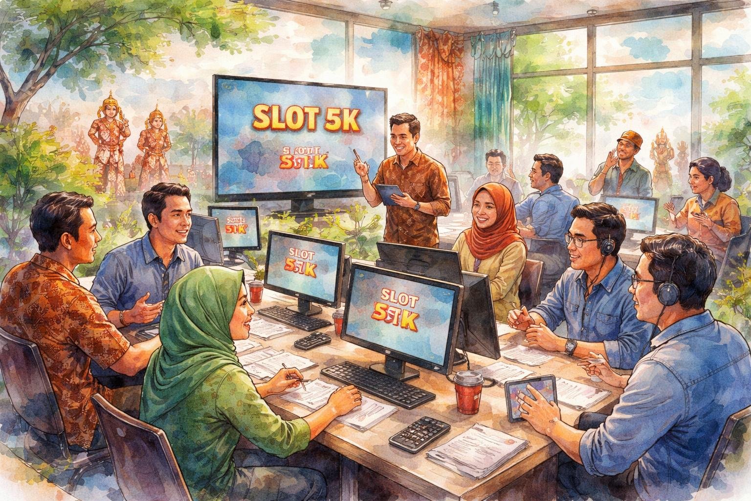 Pusat diskusi berita di Indonesia dengan orang-orang berdiskusi di ruang kantor yang terang dan penuh semangat.