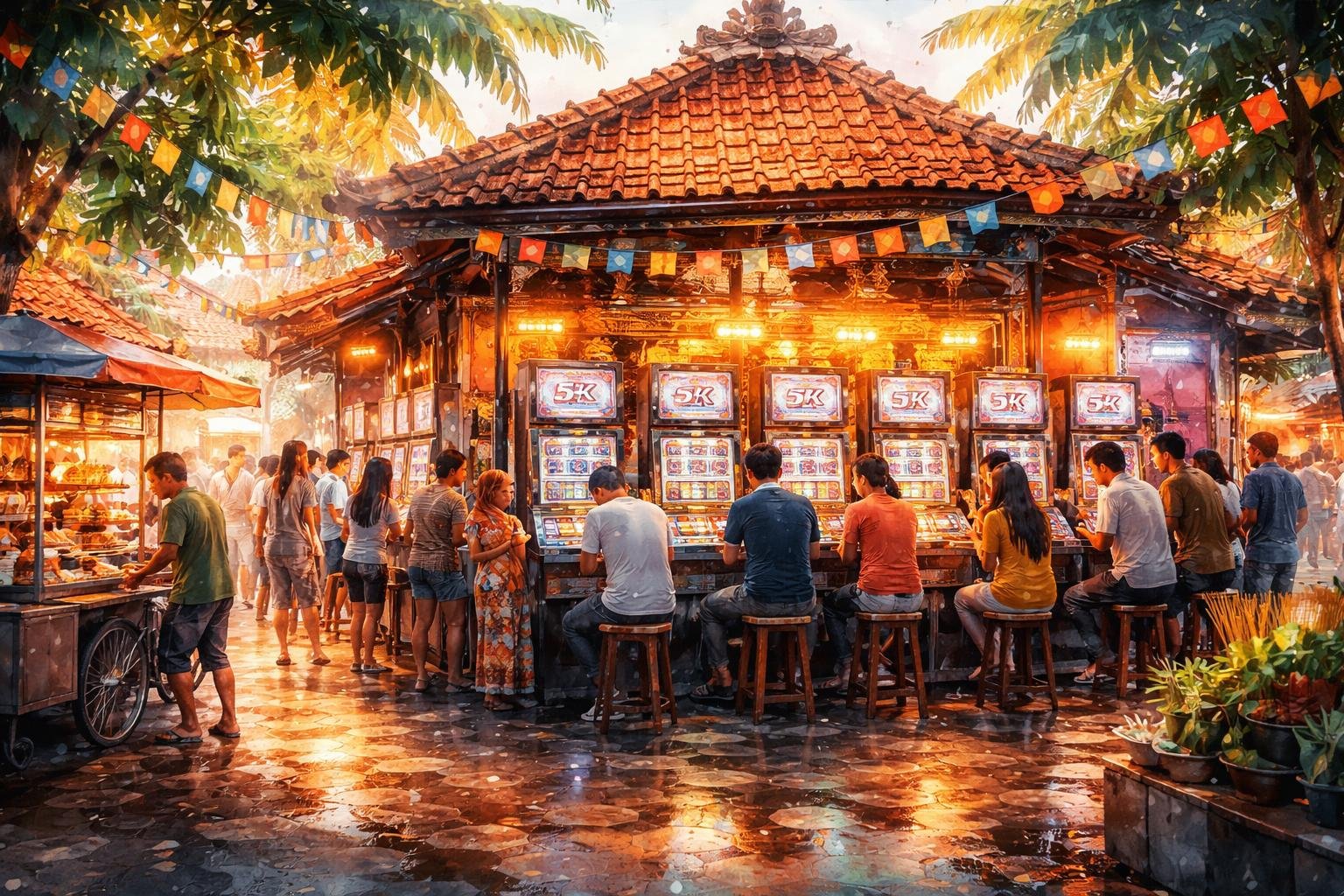 Pemandangan jalanan di Indonesia dengan orang-orang yang sedang bermain mesin slot di sebuah arcade tradisional, dikelilingi oleh bangunan warna-warni dan pohon tropis.