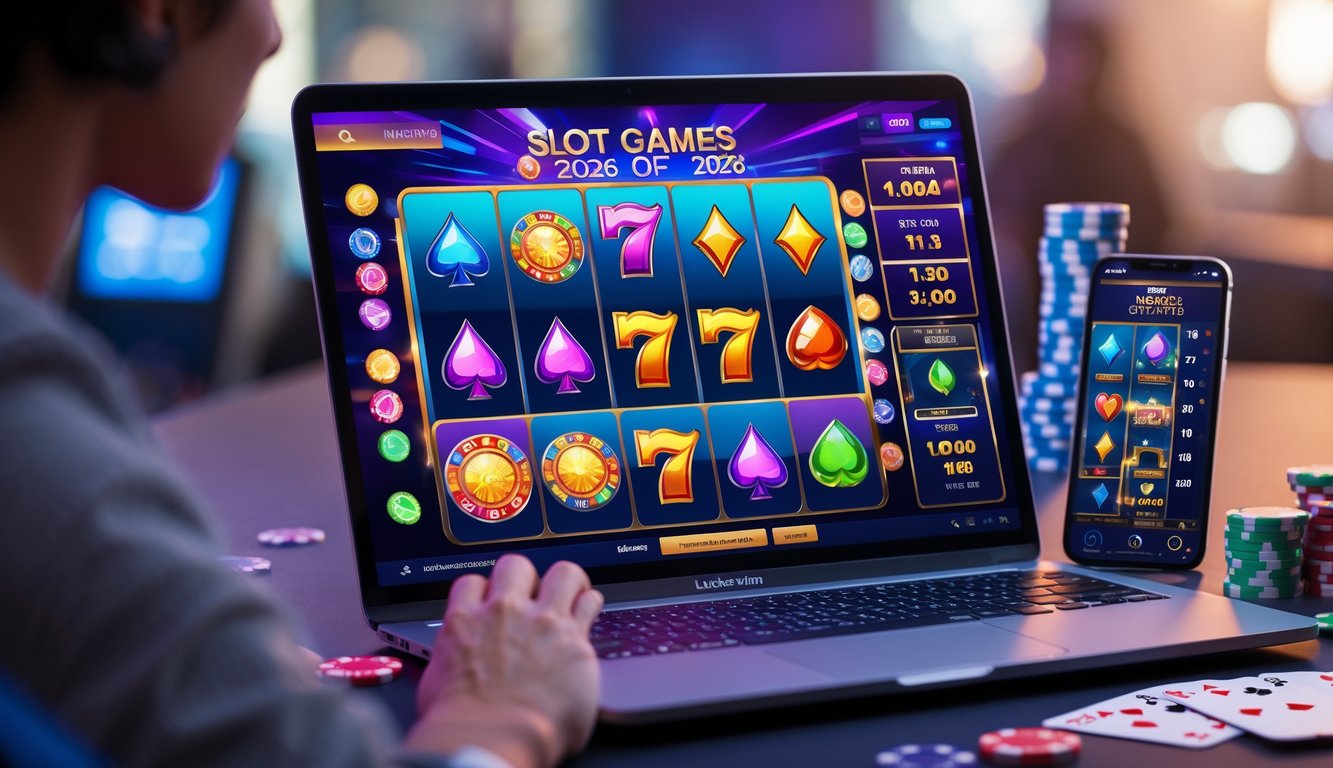 Suasana modern dengan layar komputer menampilkan permainan slot online yang berwarna-warni dan dinamis, dikelilingi oleh chip poker dan kartu remi.