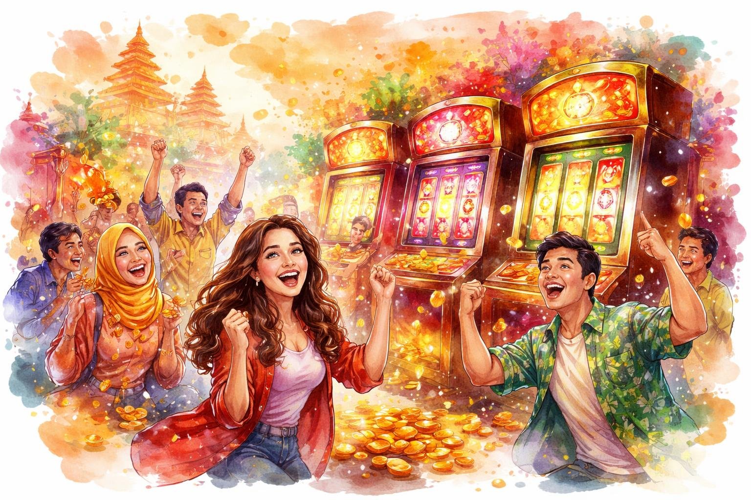 Orang-orang bermain mesin slot di lingkungan kasino yang penuh warna dengan latar belakang motif budaya Indonesia.