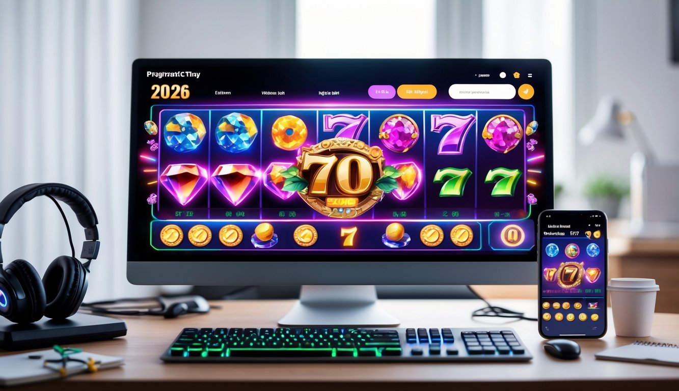 Sebuah meja kerja dengan komputer dan ponsel yang menampilkan permainan slot online dengan simbol warna-warni di layar.