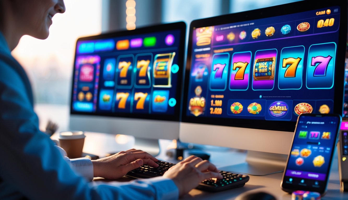 Seorang pengguna sedang bermain permainan slot online di komputer dengan beberapa layar yang menampilkan permainan slot berwarna-warni di meja kerja yang rapi.