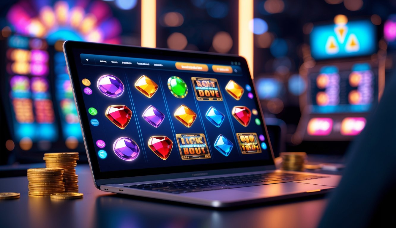 Sebuah layar komputer menampilkan permainan slot online dengan simbol warna-warni dan elemen data di sekelilingnya.