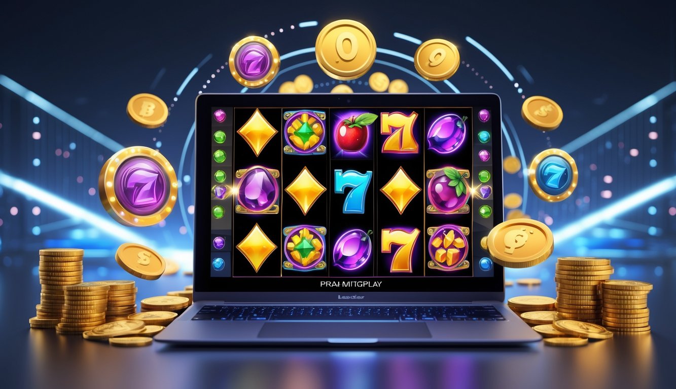 Seseorang bermain game slot online di komputer dengan simbol slot berwarna-warni dan koin emas di sekitar layar.