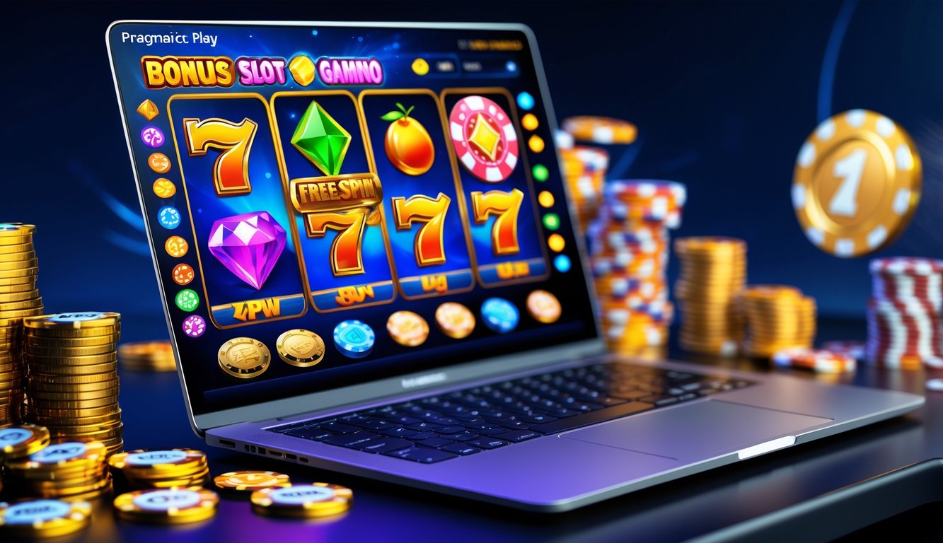 Sebuah meja kerja dengan komputer menampilkan permainan slot online berwarna-warni dan elemen kasino seperti chip poker dan koin emas di sekitarnya.