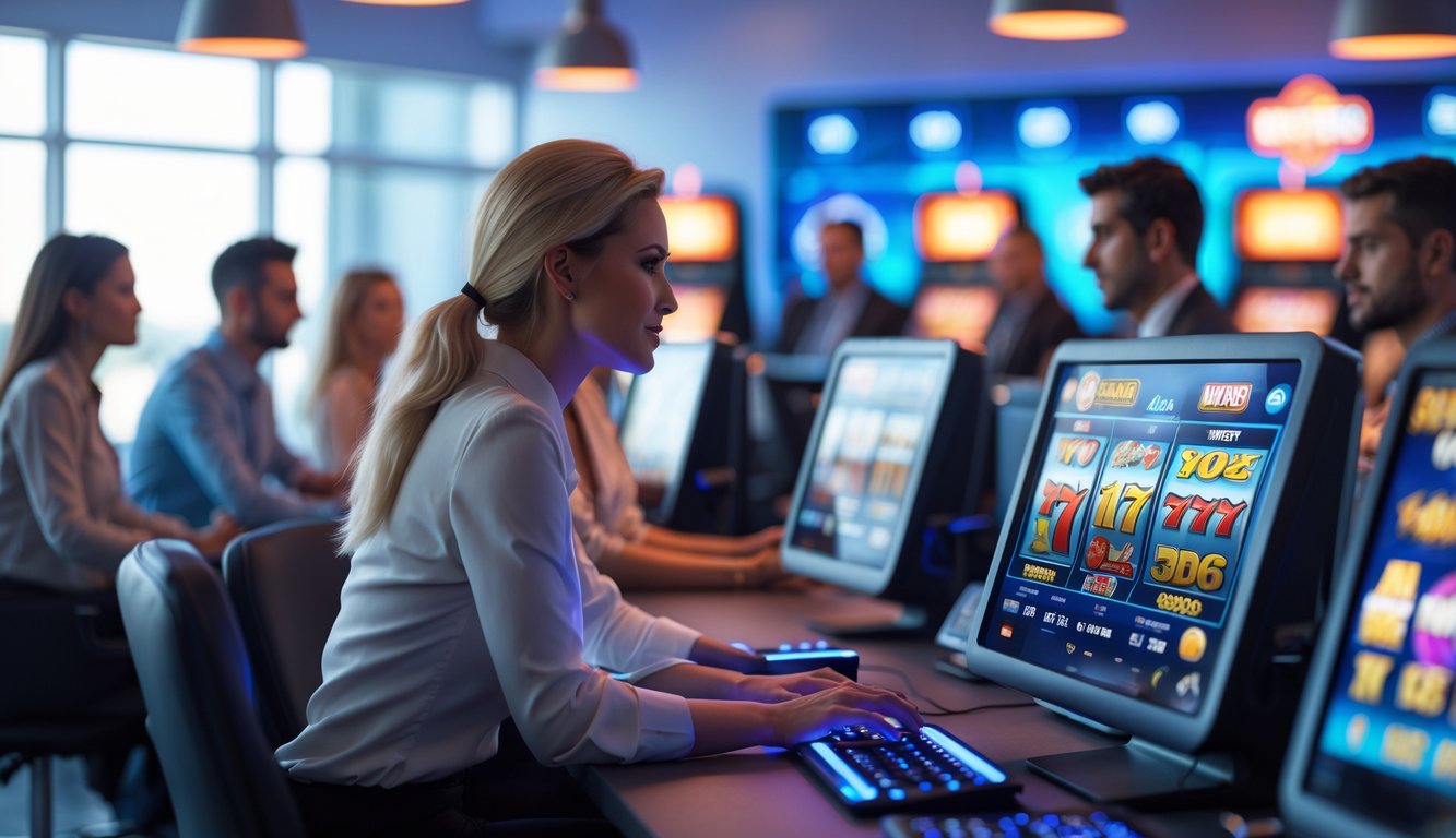 Beberapa orang sedang bermain mesin slot online di perangkat komputer dan ponsel di sebuah ruang bermain yang modern dan terang.