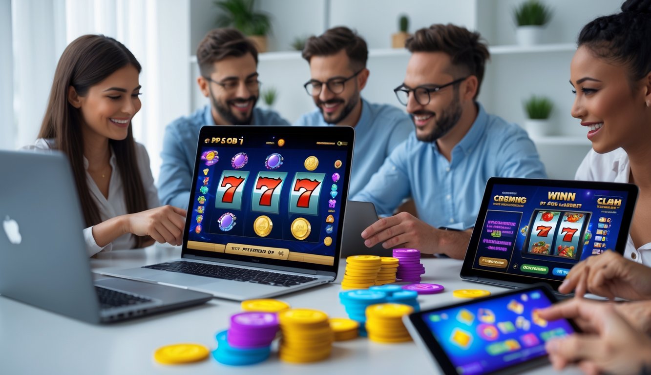 Beberapa orang bermain permainan slot online menggunakan perangkat digital di ruangan modern dengan suasana ceria dan fokus.