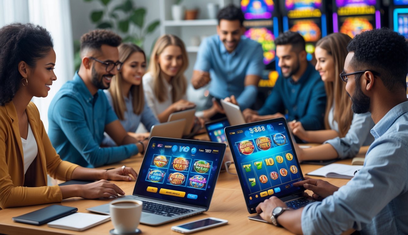 Beberapa orang menggunakan perangkat digital untuk bermain permainan slot online di ruang yang nyaman dan terang.