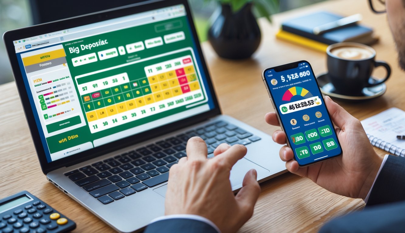 Seorang pengguna sedang menggunakan laptop dan ponsel untuk bermain togel online dengan suasana kerja yang rapi di meja kayu.