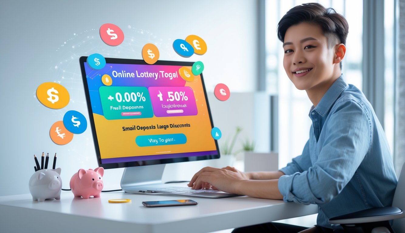 Seorang dewasa muda duduk di meja kerja dengan laptop yang menampilkan platform togel online, dikelilingi oleh elemen yang melambangkan kemudahan dan penghematan.