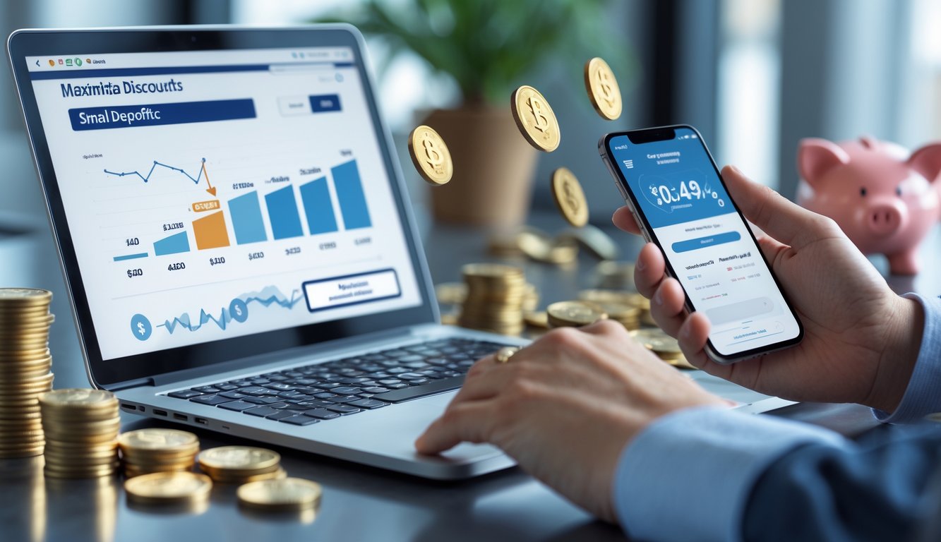 Sebuah meja kerja modern dengan laptop yang menampilkan antarmuka situs togel online, tangan seseorang menggunakan ponsel, dan beberapa koin serta celengan di atas meja.