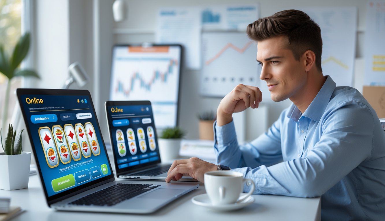 Seorang pria muda duduk di meja kerja dengan laptop dan smartphone, sedang menggunakan aplikasi togel online di ruang kerja yang rapi.