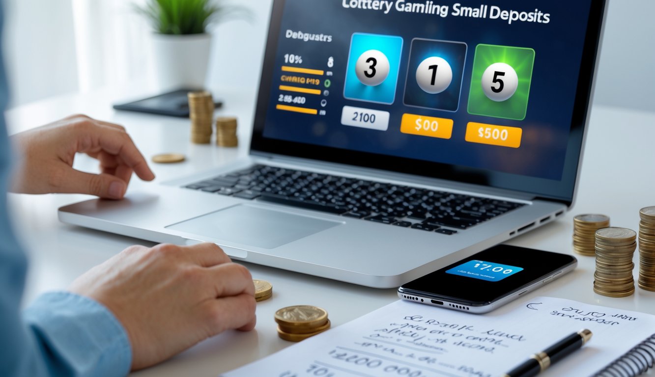Seorang pria sedang menggunakan laptop di meja kerja dengan koin dan ponsel di sampingnya, tampak fokus pada permainan togel online dengan deposit kecil.