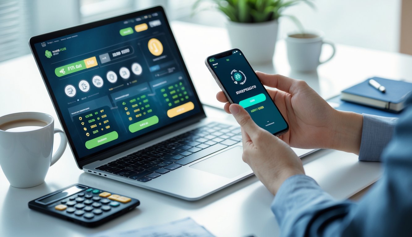 Meja kerja dengan laptop dan ponsel yang menampilkan transaksi deposit kecil pada situs togel online, dilengkapi alat tulis dan kalkulator.