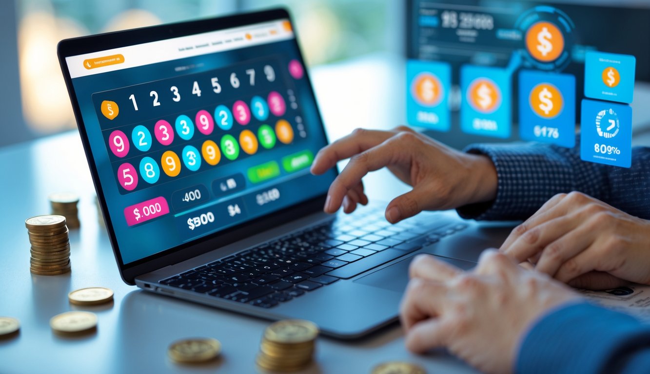 Seseorang menggunakan laptop di meja kerja dengan layar menampilkan situs togel online, dikelilingi koin dan simbol diskon kecil.