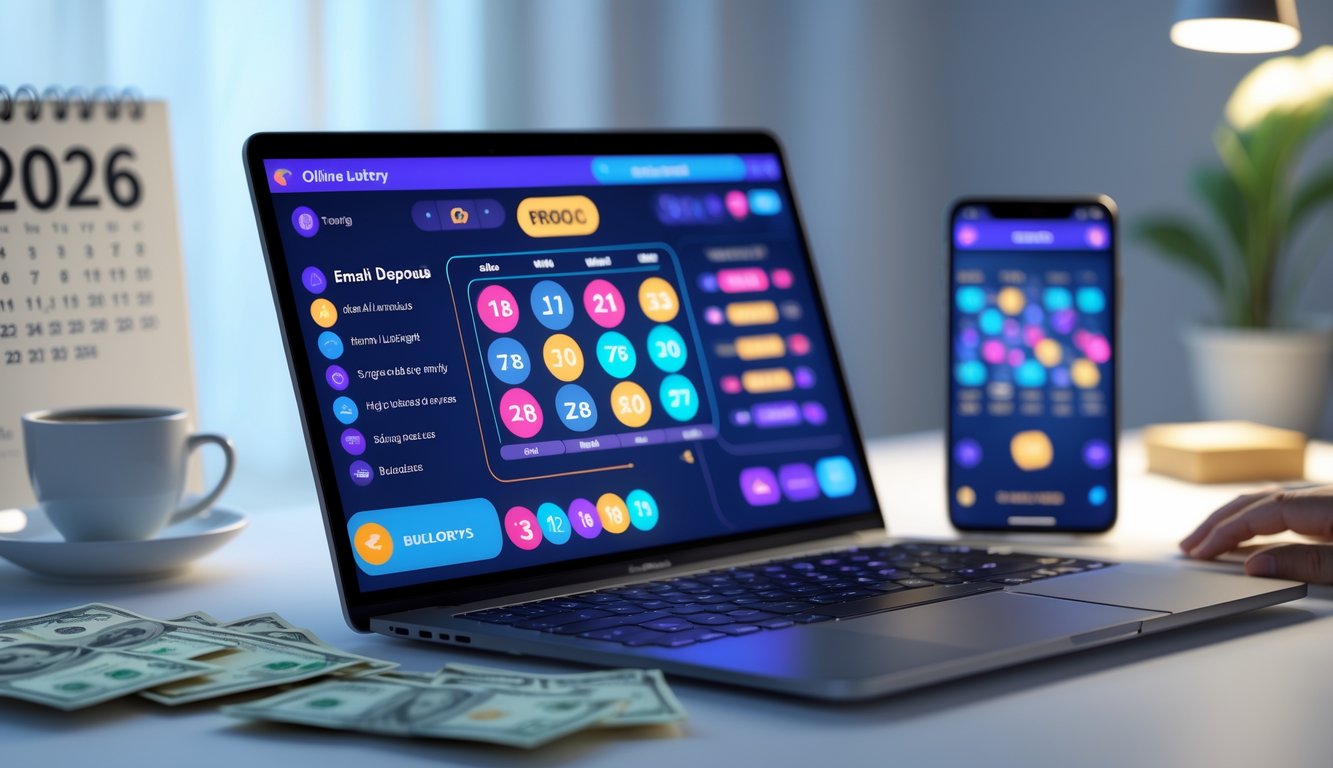 Seorang pengguna bekerja di depan laptop dengan tampilan situs togel online, di meja terdapat ponsel, kopi, dan uang, suasana modern dan profesional.