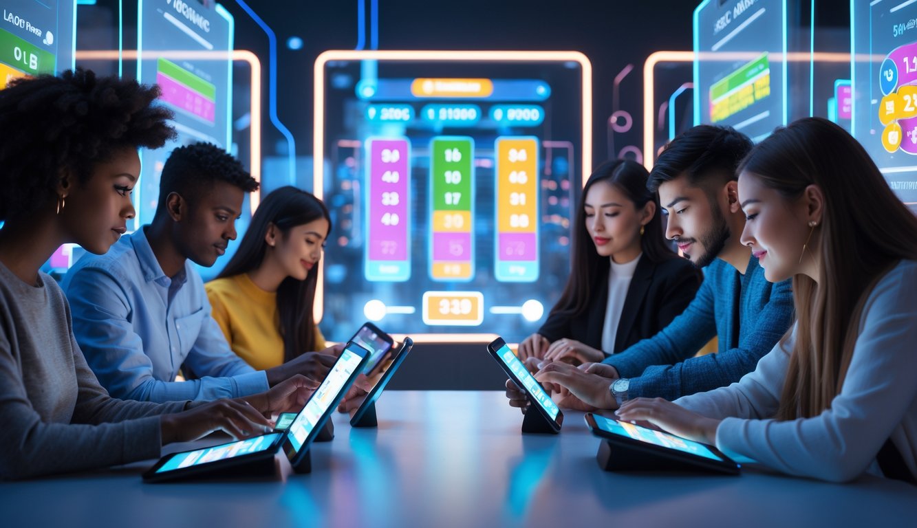 Beberapa orang muda sedang menggunakan perangkat digital di ruang kerja modern dengan layar transparan menampilkan grafik dan ikon lotere.