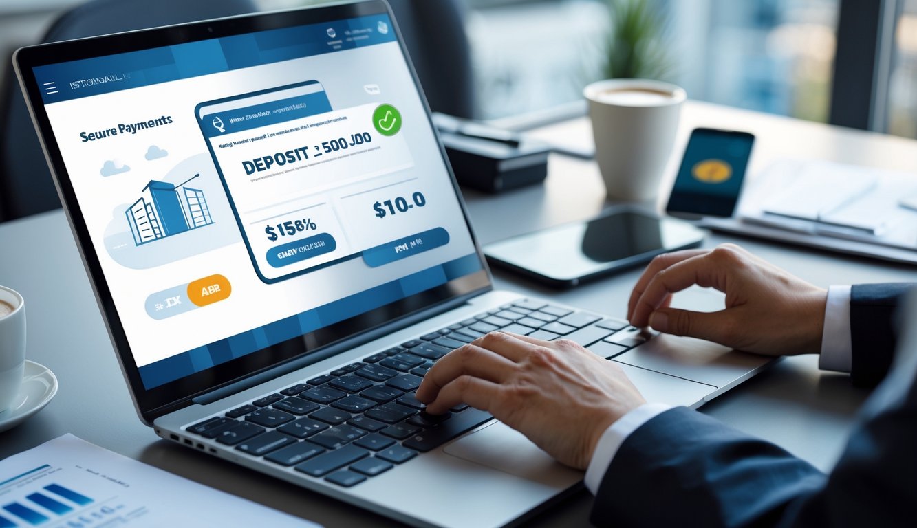 Seseorang menggunakan laptop di meja kerja dengan tampilan layar pembayaran online, di sekitar ada ponsel dan cangkir kopi.