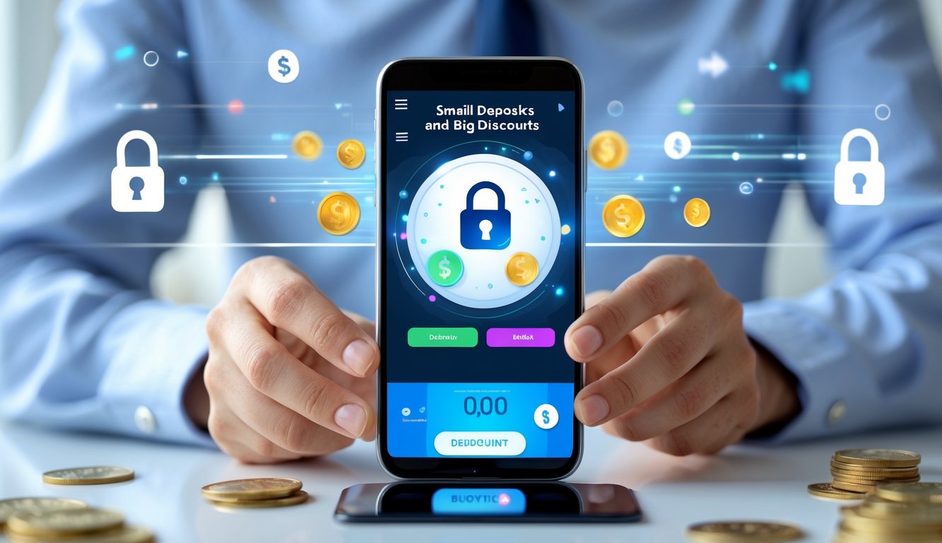 Tangan seseorang memegang smartphone yang menampilkan aplikasi togel online dengan latar belakang ruangan terang dan elemen simbol keamanan dan kecepatan.