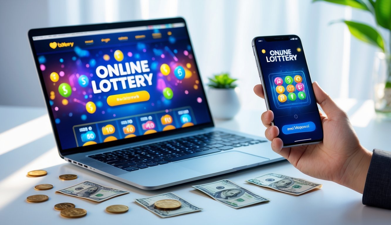 Seseorang menggunakan laptop dan ponsel untuk bermain togel online dengan uang kecil di atas meja.